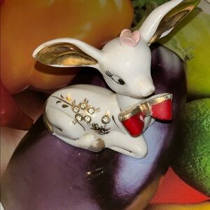 Elegant White and Red Ceramic Deer Figurine